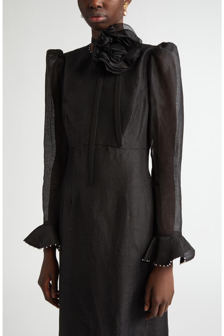 Floral Long Sleeve Organza Midi Dress, Alternate, color, BLACK