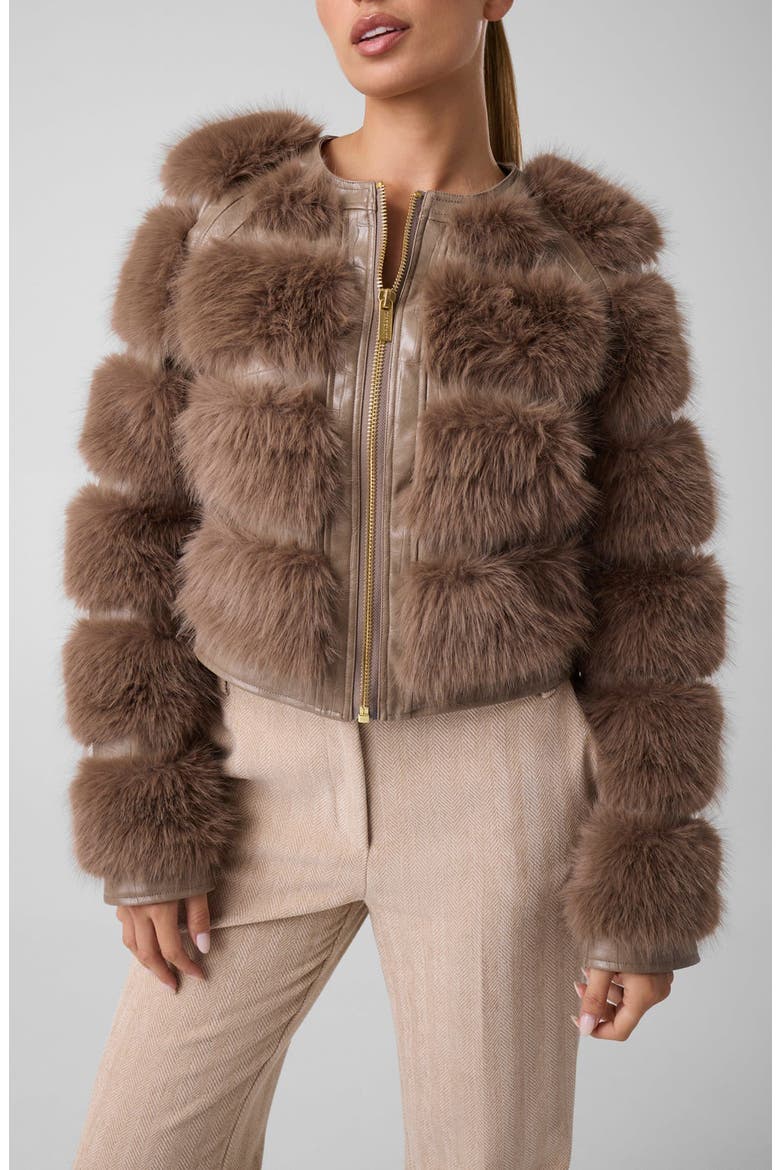Arielle Croc Embossed Faux Fur Jacket, Main, color, SILK TAUPE