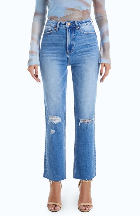 High Waist Raw Hem Ripped Straight Leg Jeans