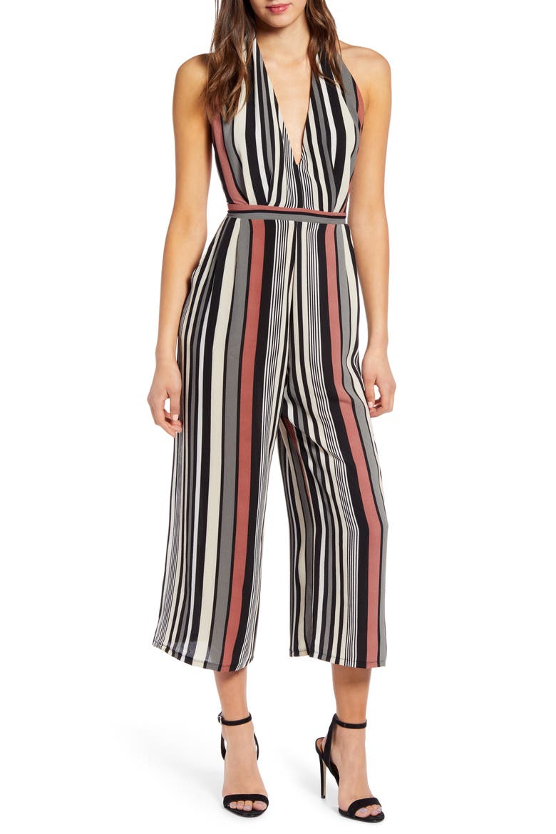 Halter Cropped Jumpsuit, Main, color, PINK CANYON VERTICAL STRIPE