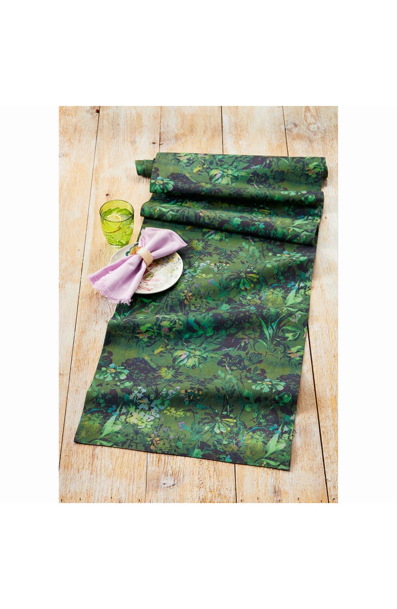 tag Garden Floral Cotton Table Runner with Green Background, Alternate, color, Green