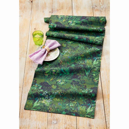 Tag Garden Floral Cotton Table Runner With Green Background In Green