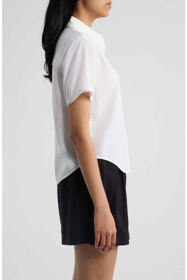 Picot Trim Short Sleeve Button-Up Shirt, Alternate, color, WHITE