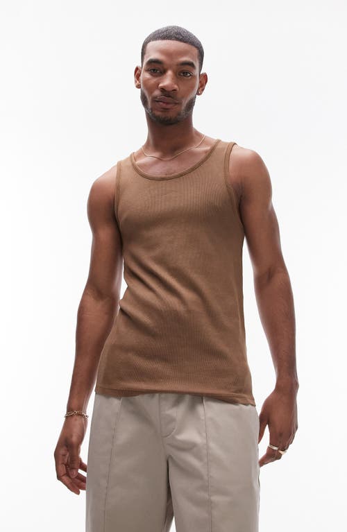 Topman Stretch Cotton Rib Tank in Brown 