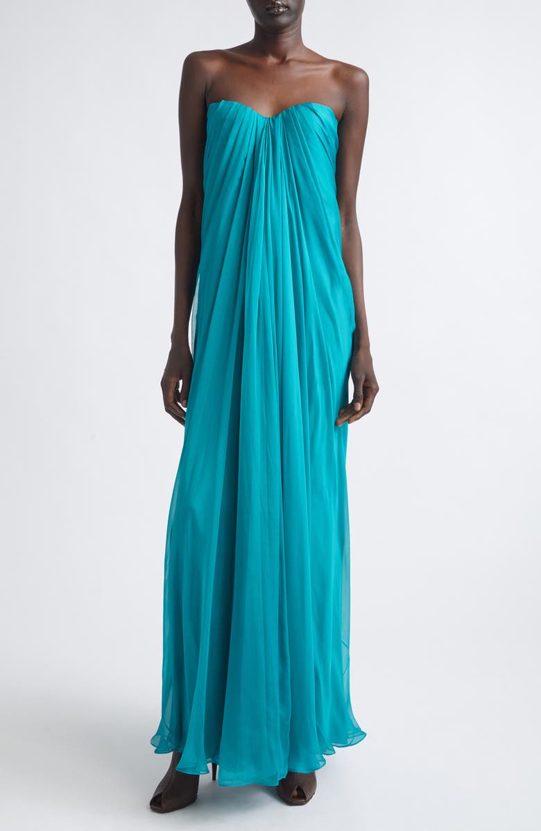 McQueen Draped Strapless Silk Chiffon Gown, Main, color, Peacock