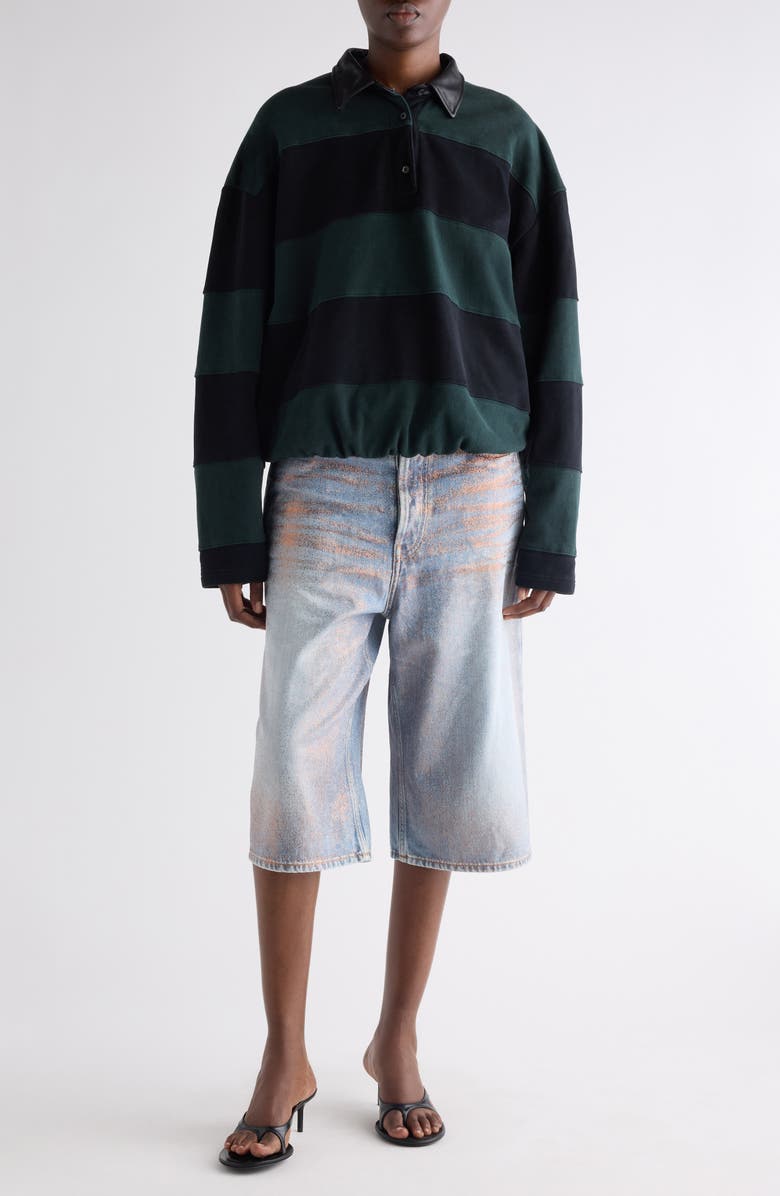 Acne Studios Striped Organic Cotton Fleece Polo Sweatshirt, Alternate, color, Forest Green/ Black