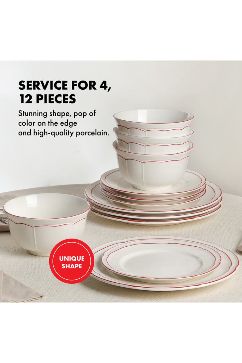 Victory 12-Piece Porcelain Dinnerware Set, Colored Rim, Alternate, color, Red