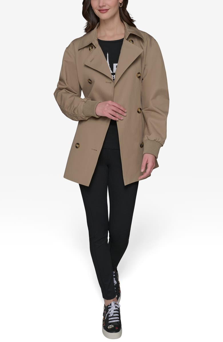 KARL LAGERFELD PARIS Water Resistant Cotton Blend Short Trench Coat, Alternate, color, Khaki