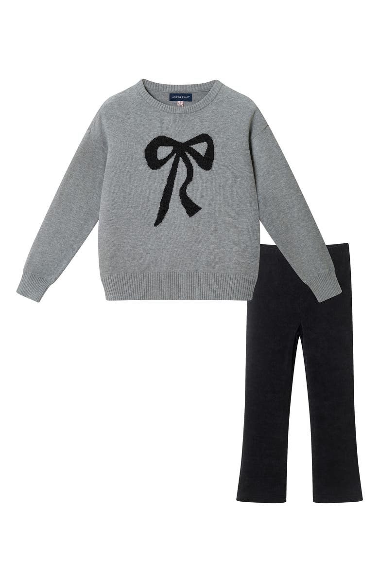 Andy & Evan Kids' Bow Sweater & Velvet Leggings Set, Main, color, Grey