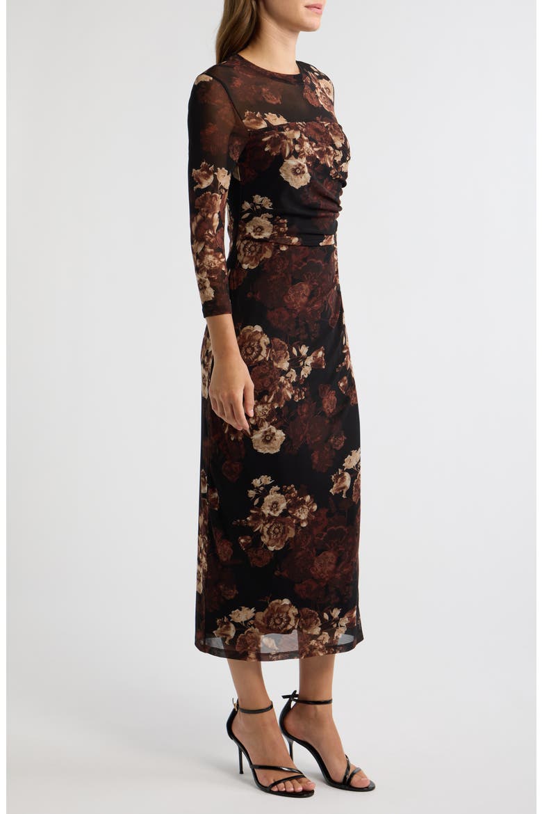 Printed Mesh Midi Dress, Alternate, color, DEEP MAHOGANY MULTI