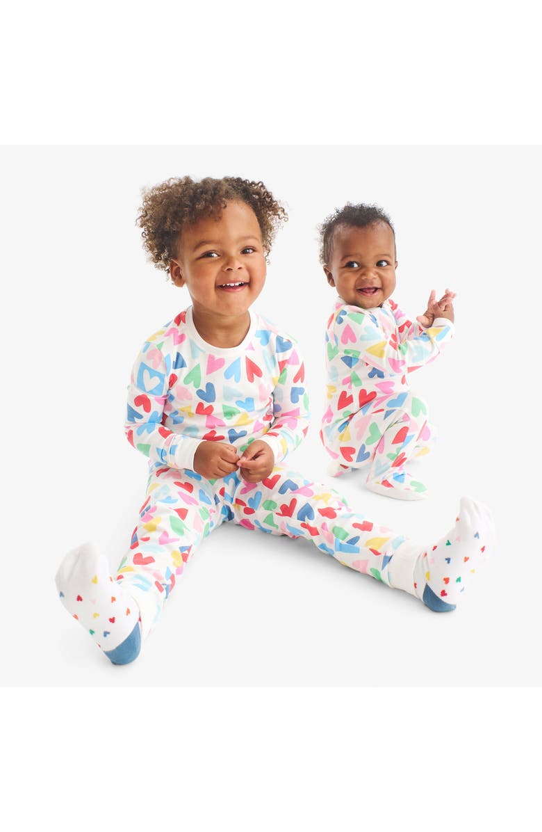 Primary Kids Organic Long Sleeve Pj Set In Rainbow Candy Hearts, Alternate, color, Ivory Rainbow Candy Hearts