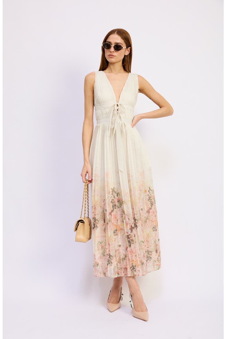 Pleated Tie Front Maxi Dress, Alternate, color, IVORY BLUSH ORCHID