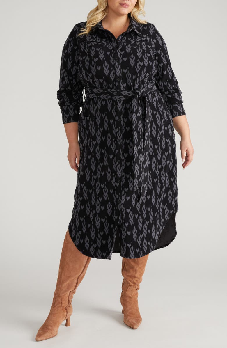 Universal Standard Morgan Long Sleeve Stretch Flannel Midi Shirtdress, Main, color, Indigo Ikat Arrow Blue