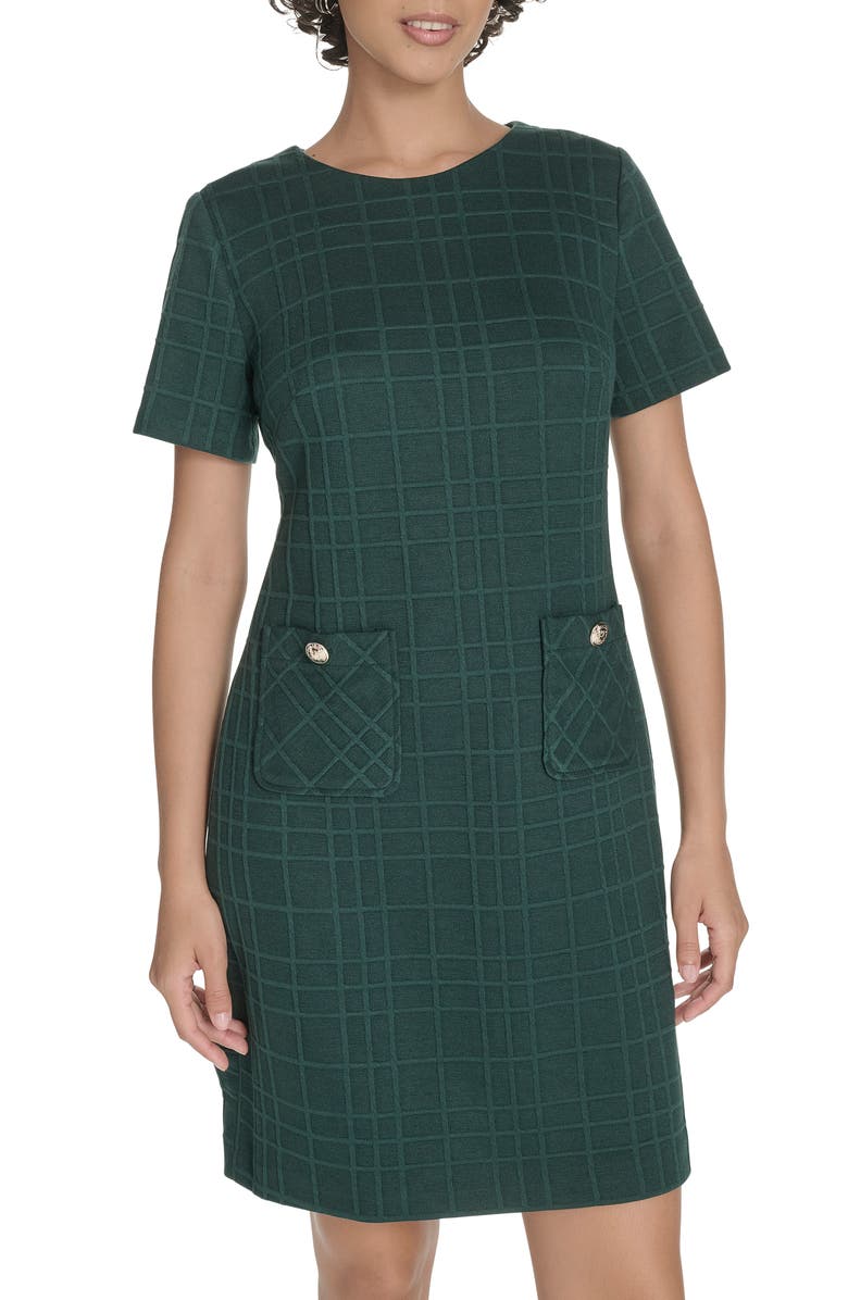 Tommy Hilfiger Windowpane Short Sleeve Shift Dress, Alternate, color, Cypress