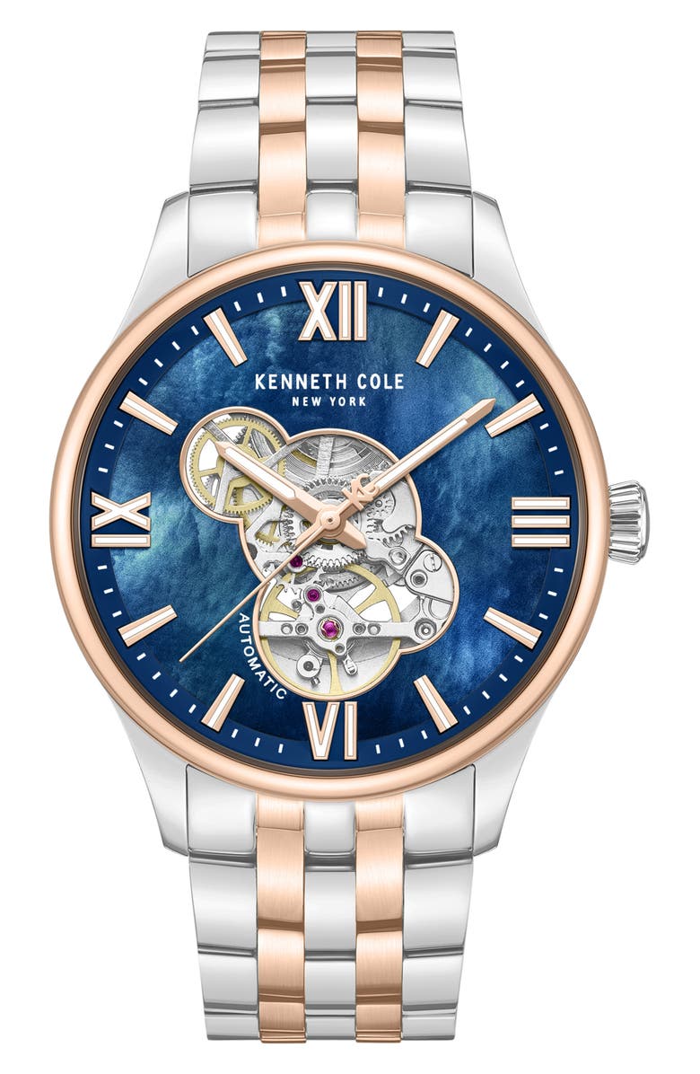 Kenneth Cole New York Varick Open Heart Automatic Bracelet Watch, 43mm, Main, color, Silver Multi