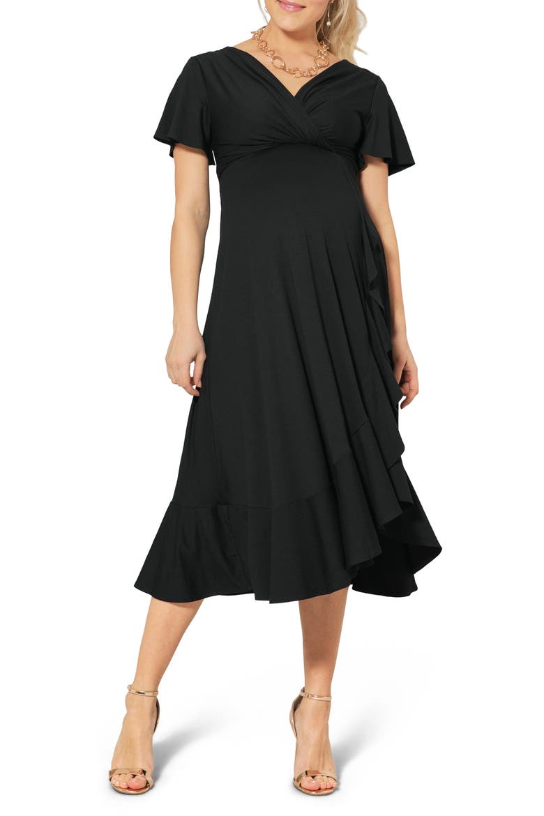 Waterfall Midi Maternity Dress, Main, color, BLACK
