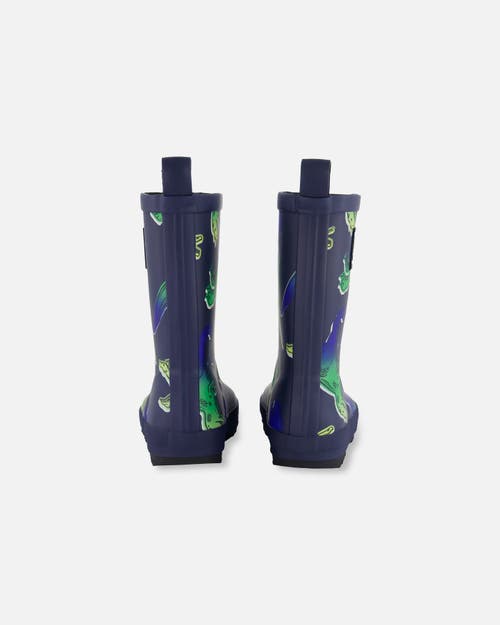 DEUX PAR DEUX DEUX PAR DEUX BOY'S PRINTED RAIN BOOTS BLUE AND GREEN DINO ON NAVY