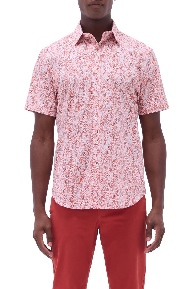 Orson Trim Fit Leaf Print Short Sleeve Stretch Cotton Button-Up Shirt, Main, color, PAPRIKA