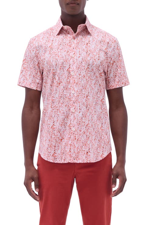 Orson Trim Fit Leaf Print Short Sleeve Stretch Cotton Button-Up Shirt