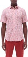 Bugatchi Orson Trim Fit Leaf Print Short Sleeve Stretch Cotton Button-Up Shirt