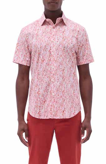 Bugatchi Orson Trim Fit Leaf Print Short Sleeve Stretch Cotton Button-Up Shirt