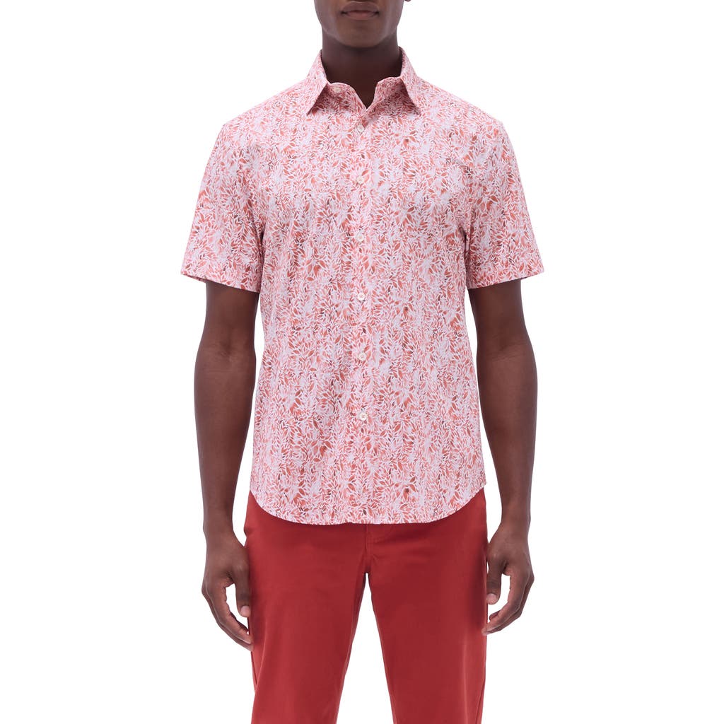 Bugatchi Orson Trim Fit Leaf Print Short Sleeve Stretch Cotton Button-up Shirt