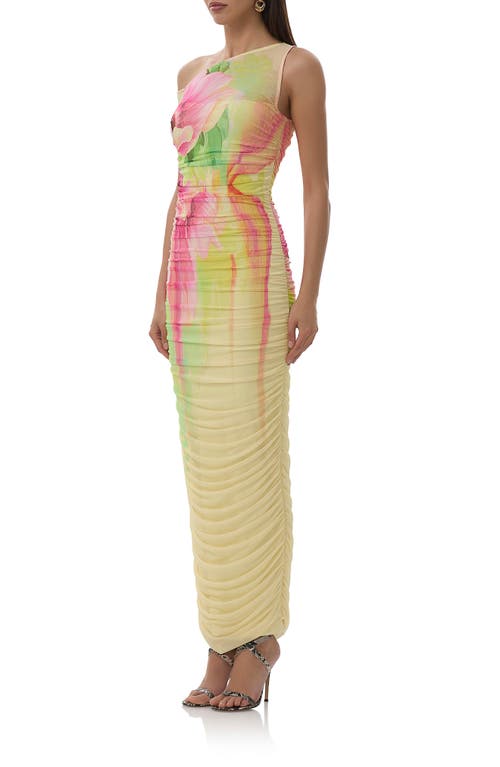 Afrm Biona Printed One-shoulder Ruched Mesh Maxi Dress In Butter Peony