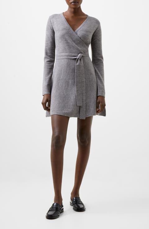 Long Sleeve Faux Wrap Sweater Dress