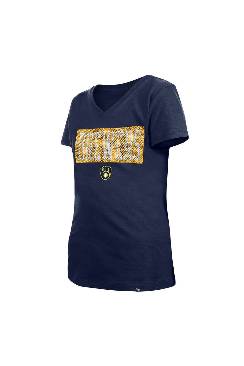 Girls Youth New Era Navy Milwaukee Brewers Flip Sequin Team V-Neck T-Shirt, Alternate, color, Navy