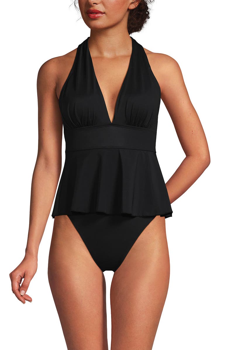 Lands' End SlenderSuit Plunge Ruched X-Back Ruffle Fauxkini One Piece Swimsuit, Alternate, color, Black