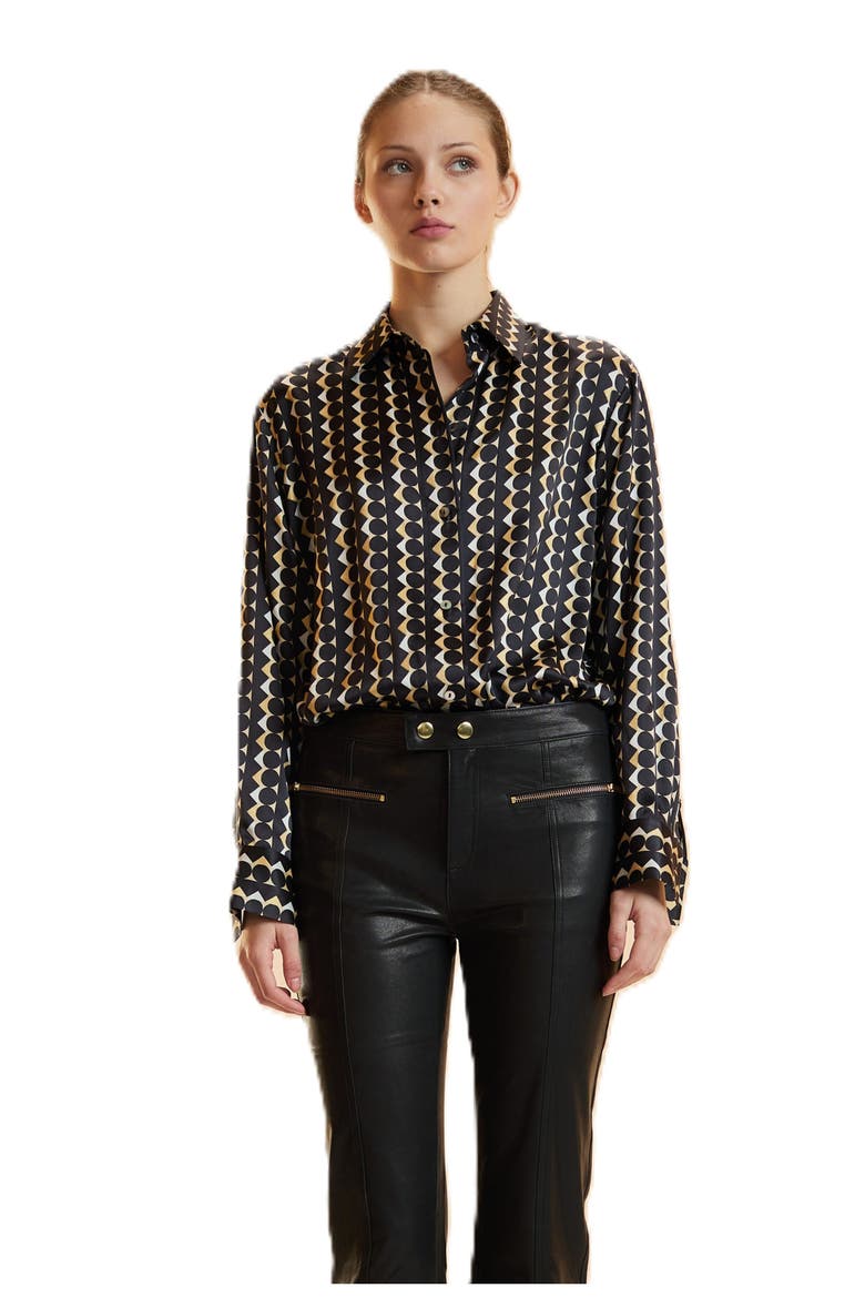 Foil Silk Button Up Shirt, Main, color, Geo Black/Camel Combo