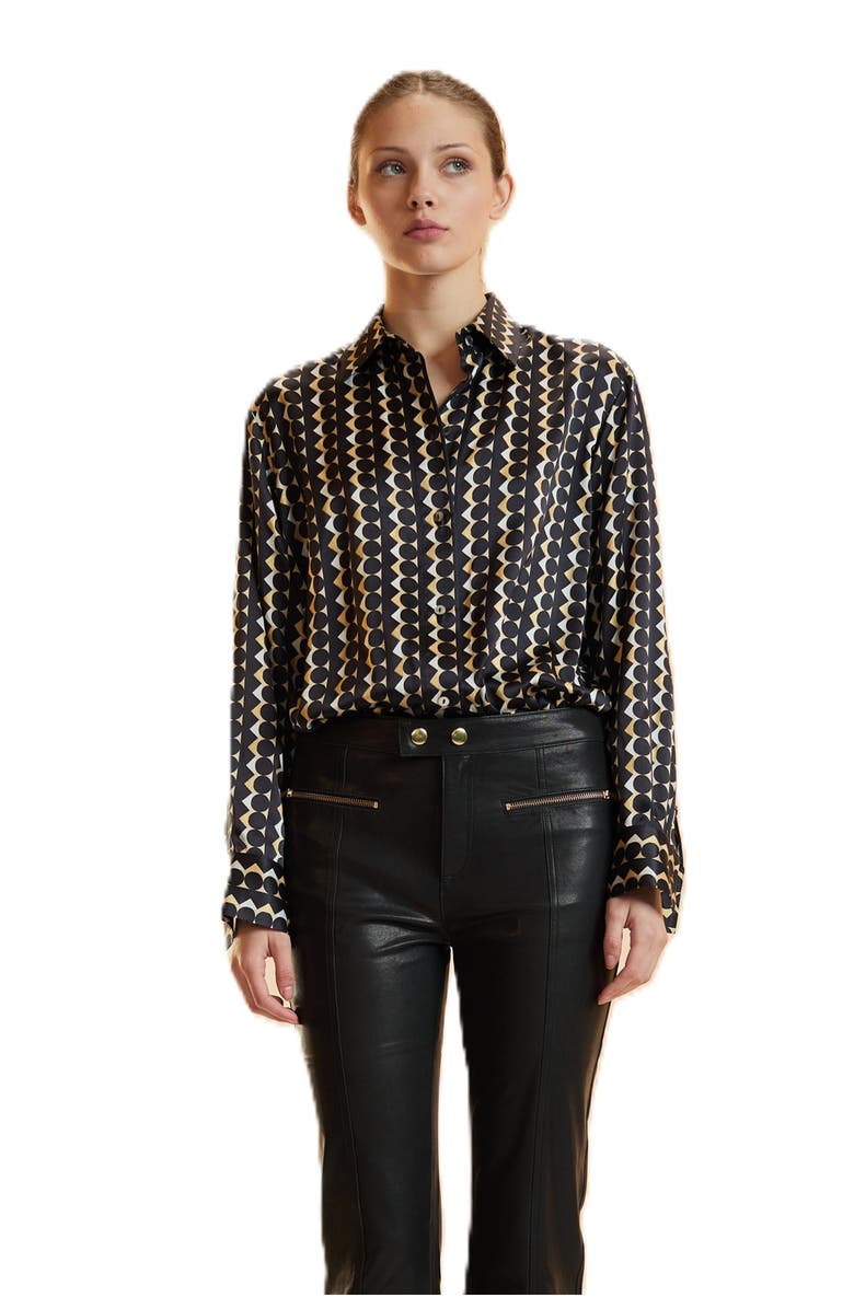 Cynthia Rowley Foil Silk Button Up Shirt, Main, color, Geo Black/Camel Combo