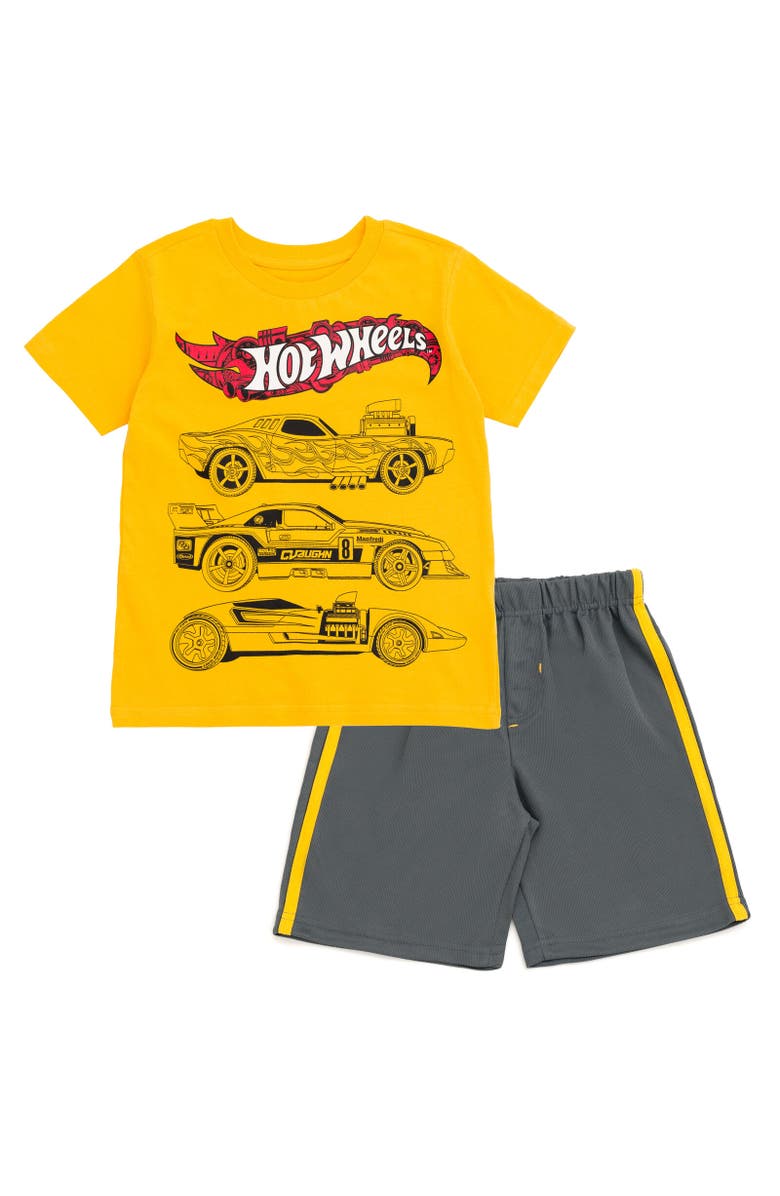 Hot Wheels Athletic 2-Piece Short Sleeve Graphic Tee and Mesh Shorts Outfit, Main, color, Hot Wheels Yellow