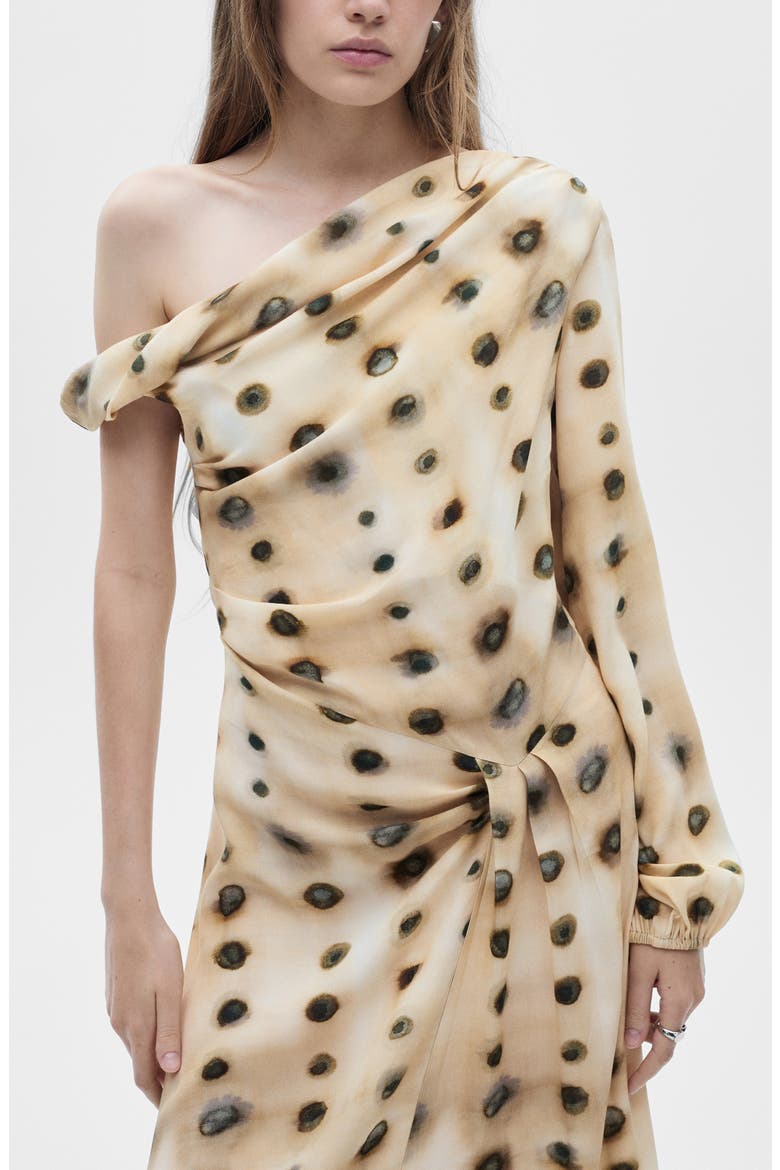 Polka Dot Single Sleeve Asymmetric Dress, Alternate, color, BEIGE