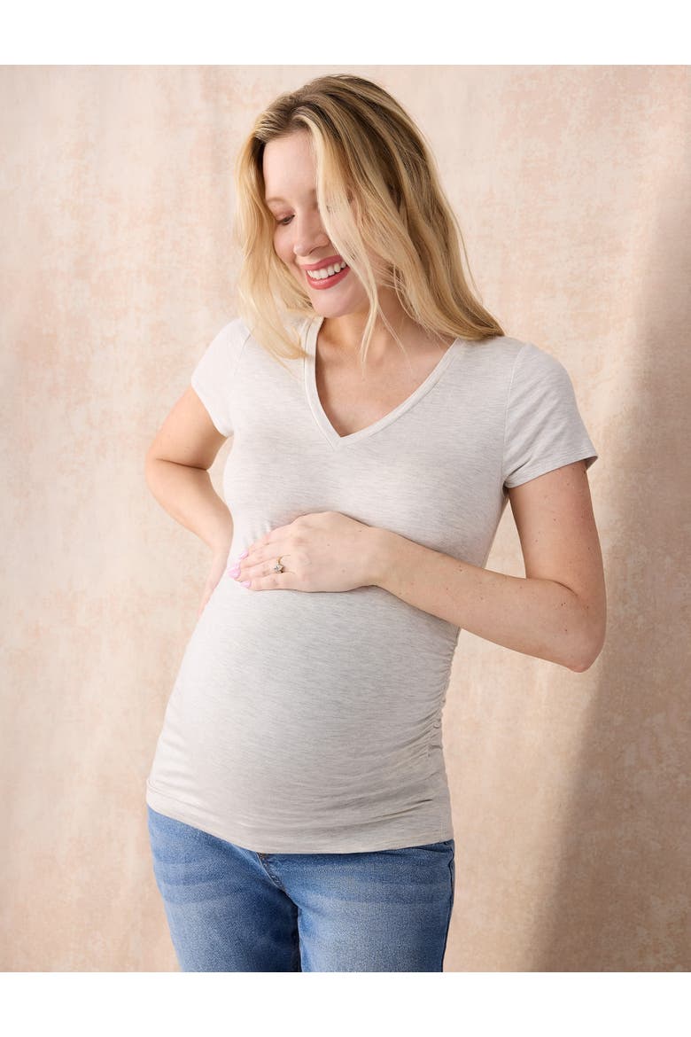 V-Neck Side-Ruched Maternity Short Sleeve Tee, Alternate, color, Heather Oatmeal