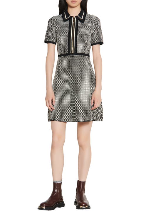 sandro Tweed Short Sleeve Fit & Flare Dress
