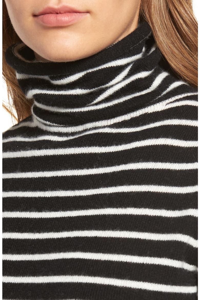 Funnel Neck Cashmere Sweater, Alternate, color, BLACK- IVORY STRIPE