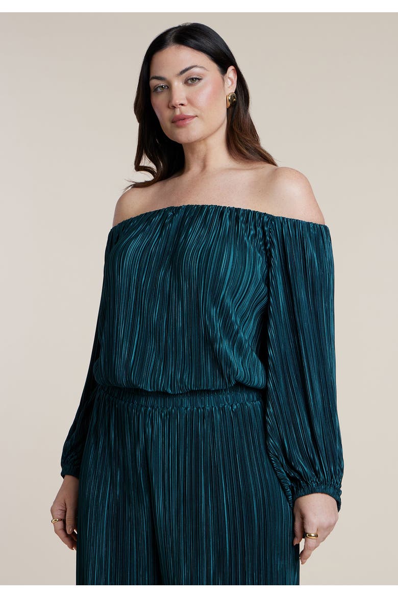 Off The Shoulder Plisse Jumpsuit, Alternate, color, DARK TEAL