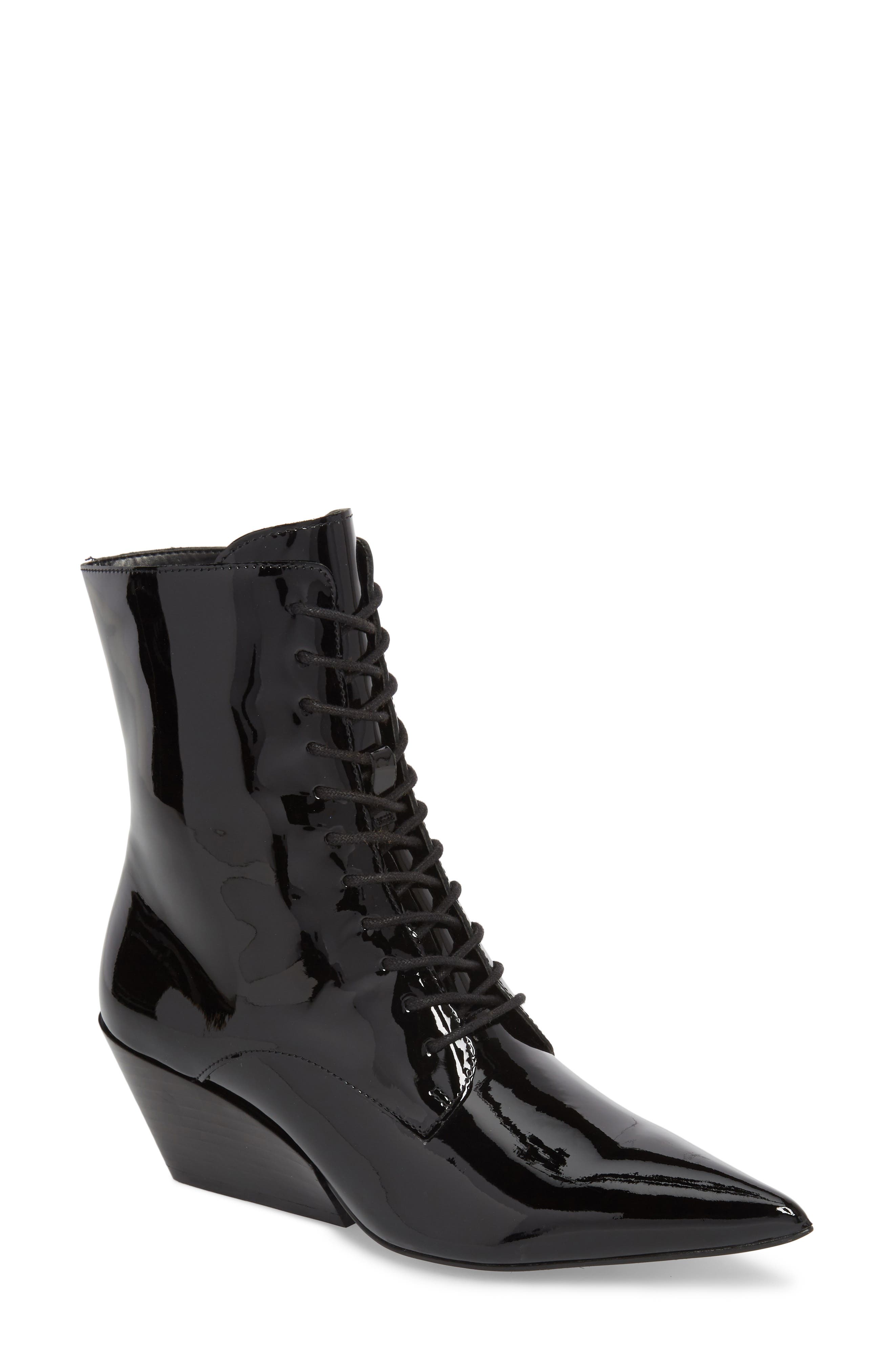 Faith Pointy Toe Laced Bootie, Main, color, BLACK PATENT