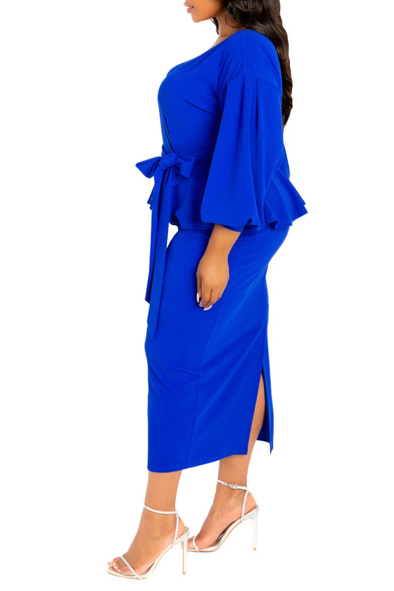 Convertible Shoulder Belted Peplum Midi Dress, Alternate, color, ROYAL BLUE