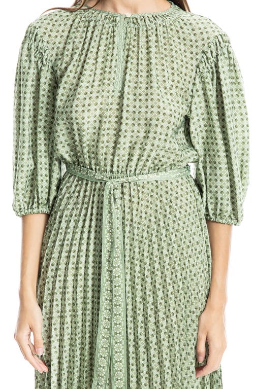 Max Studio Satin Puff Sleeve Midi Dress In Sge/olv Clvr Petals
