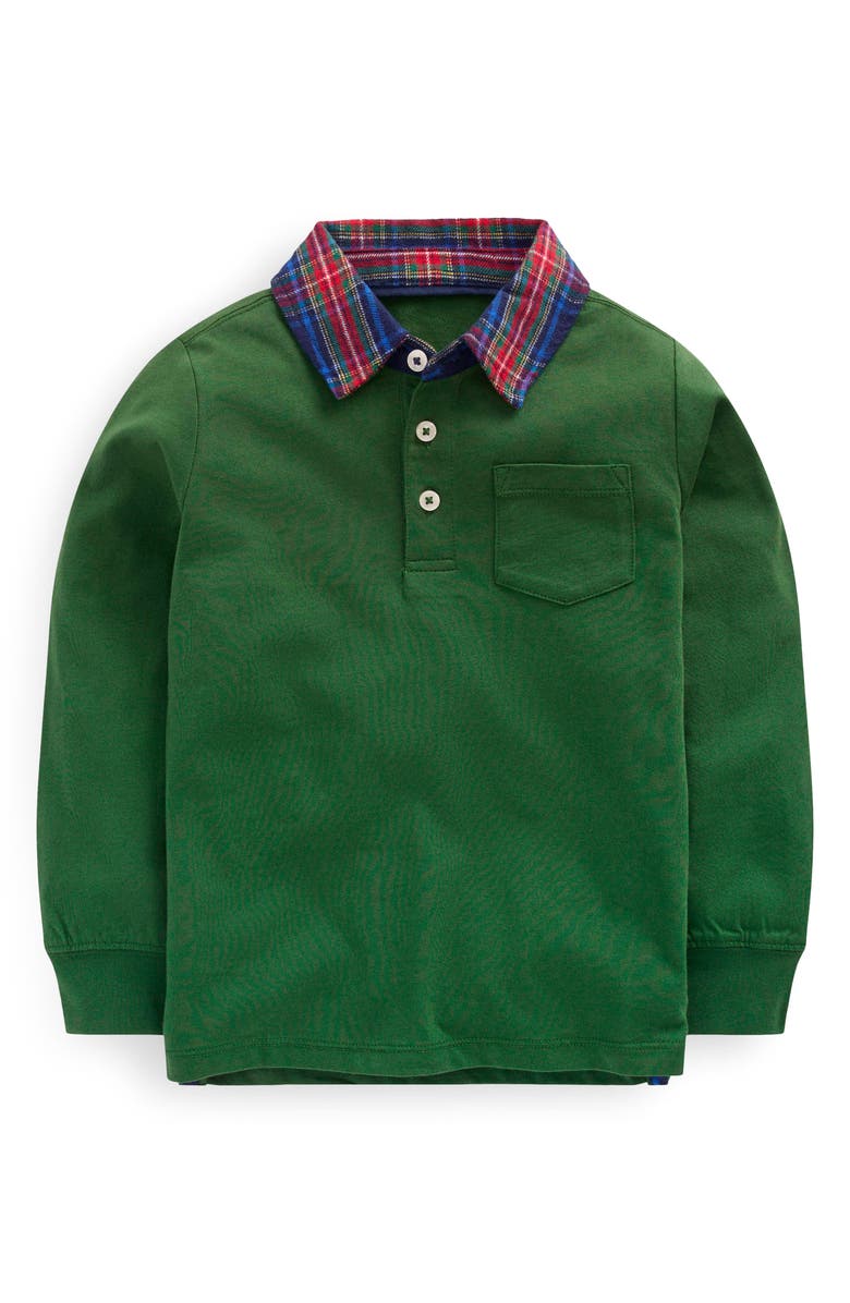 Boden Kids' Plaid Collar Long Sleeve Polo, Main, color, Pine Green