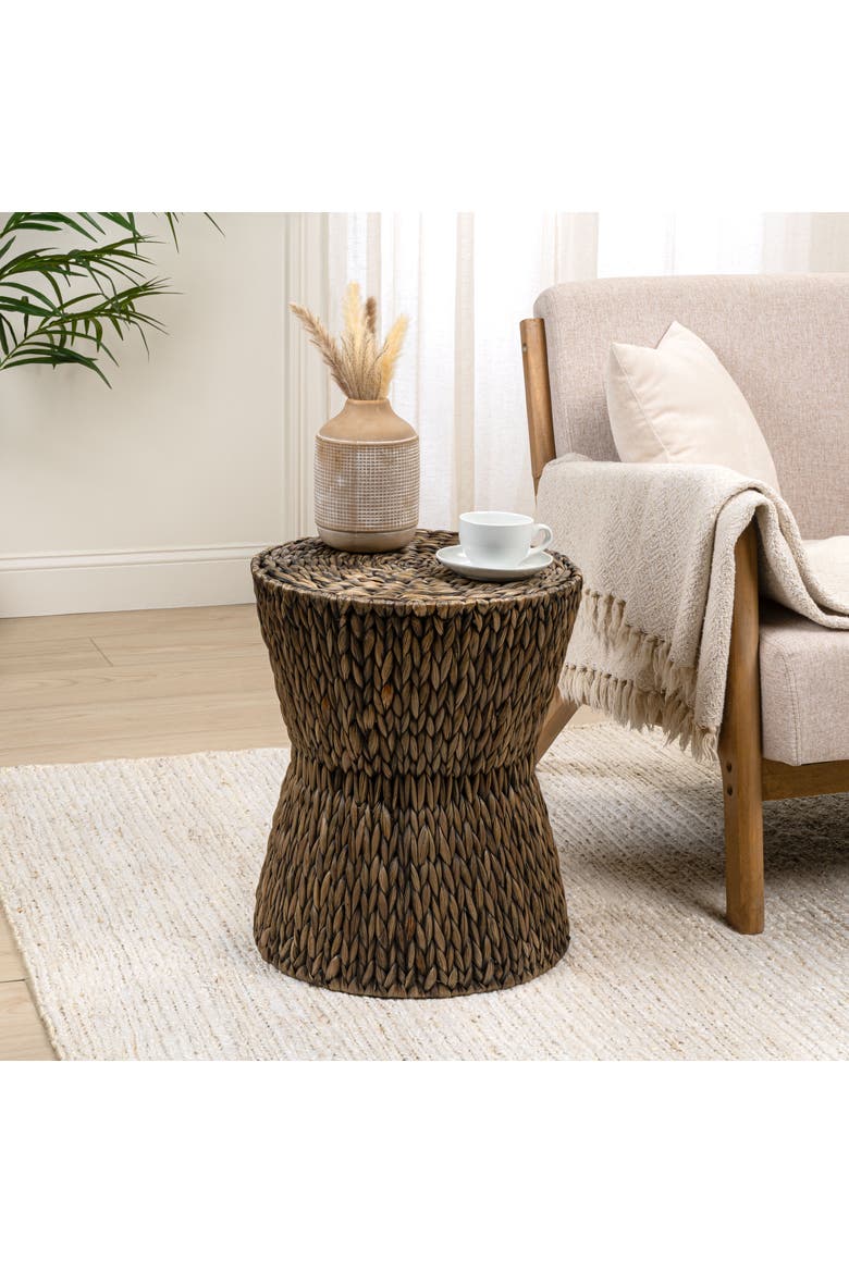 Natura Bohemian Handwoven Round Accent Side Table, Hourglass Woven End Table with Sturdy Metal Frame, Alternate, color, Brown