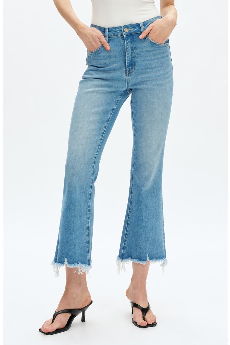 High Waist Fray Hem Ankle Flare Jeans, Main, color, LIGHT BLUE