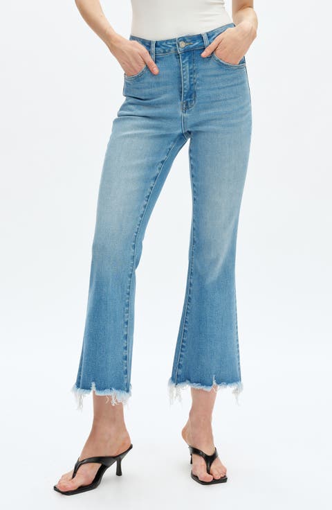 High Waist Fray Hem Ankle Flare Jeans