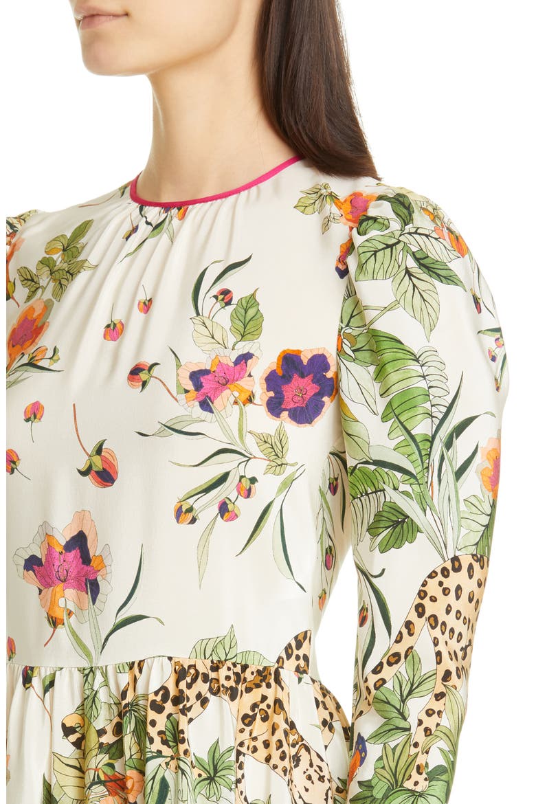 Jungle Print Long Sleeve Silk Midi Dress, Alternate, color, LATTE