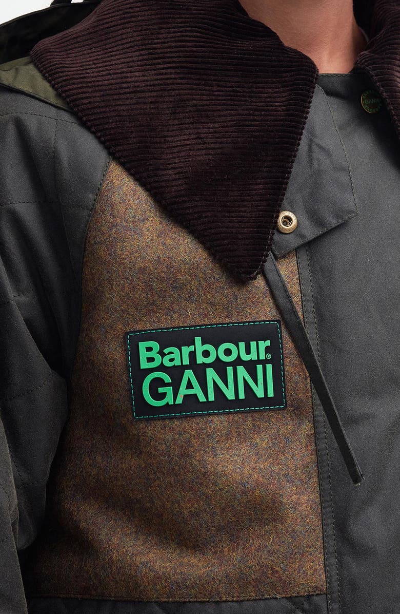 BARBOUR X GANNI Burghley Hooded Wool Contrast & Waxed Cotton Jacket, Alternate, color, 