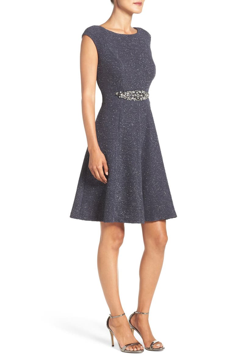 Embellished Glitter Knit Fit & Flare Dress, Alternate, color, STEEL