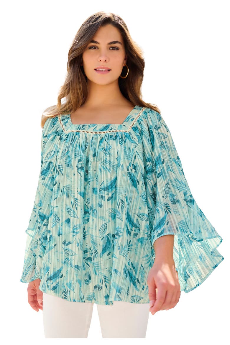 Square Neck Lurex Blouse, Main, color, TURQUOISE MIXED LEAVES