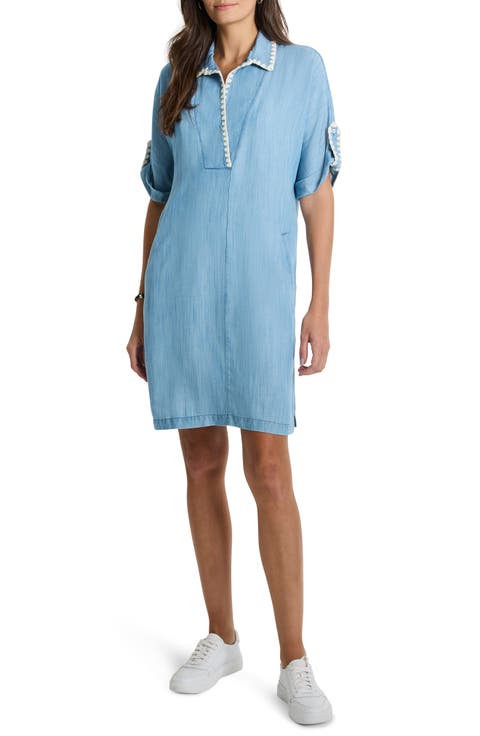 Embroidered Detail Denim Shift Dress